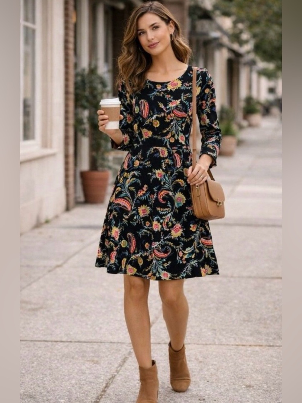 Loft Black Floral Paisley Long-Sleeve Fit-and-Flare Dress with Button Cuffs